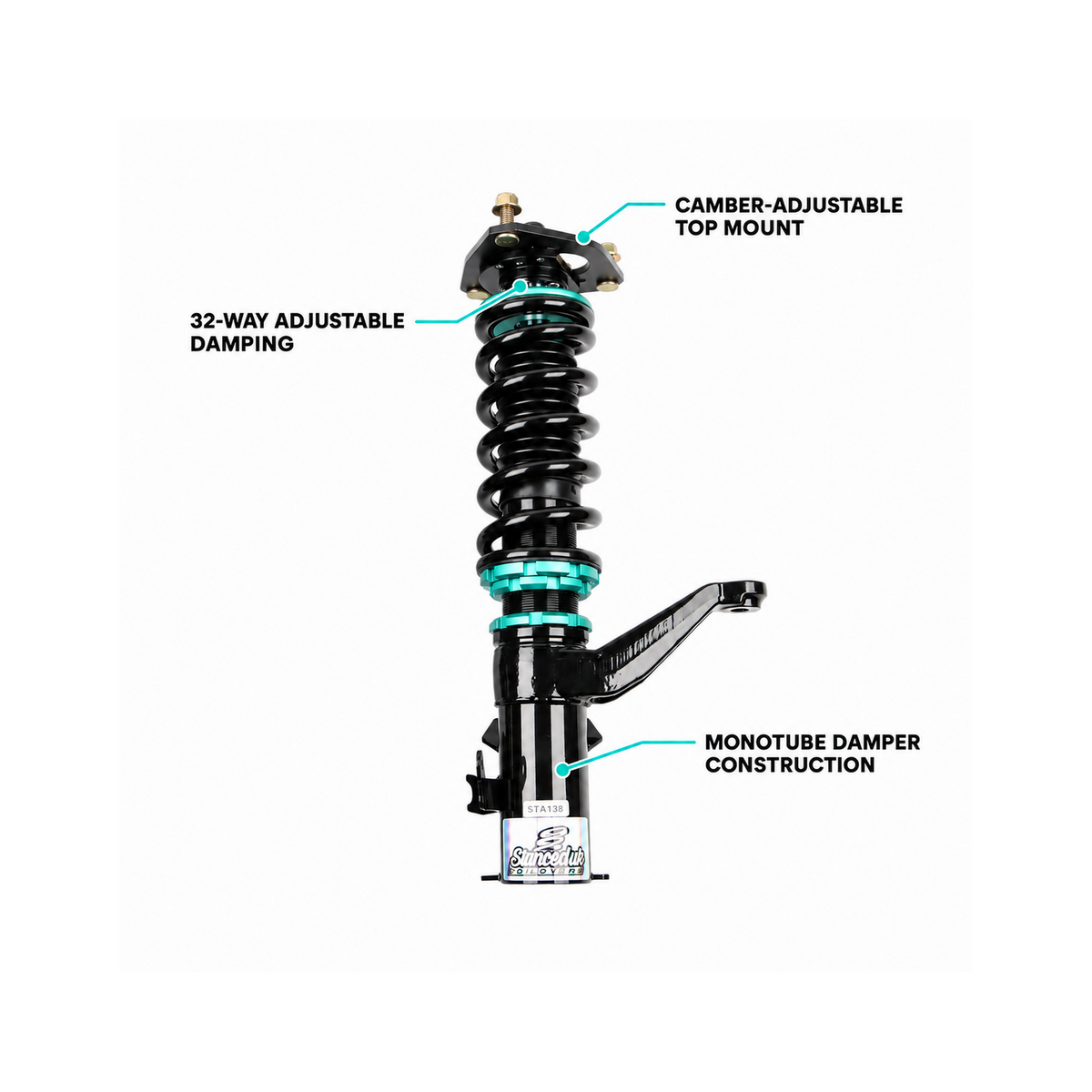 Stanced UK Honda Civic Type R EP3 monotube coilover with 32-way damping and camber-adjustable top mount