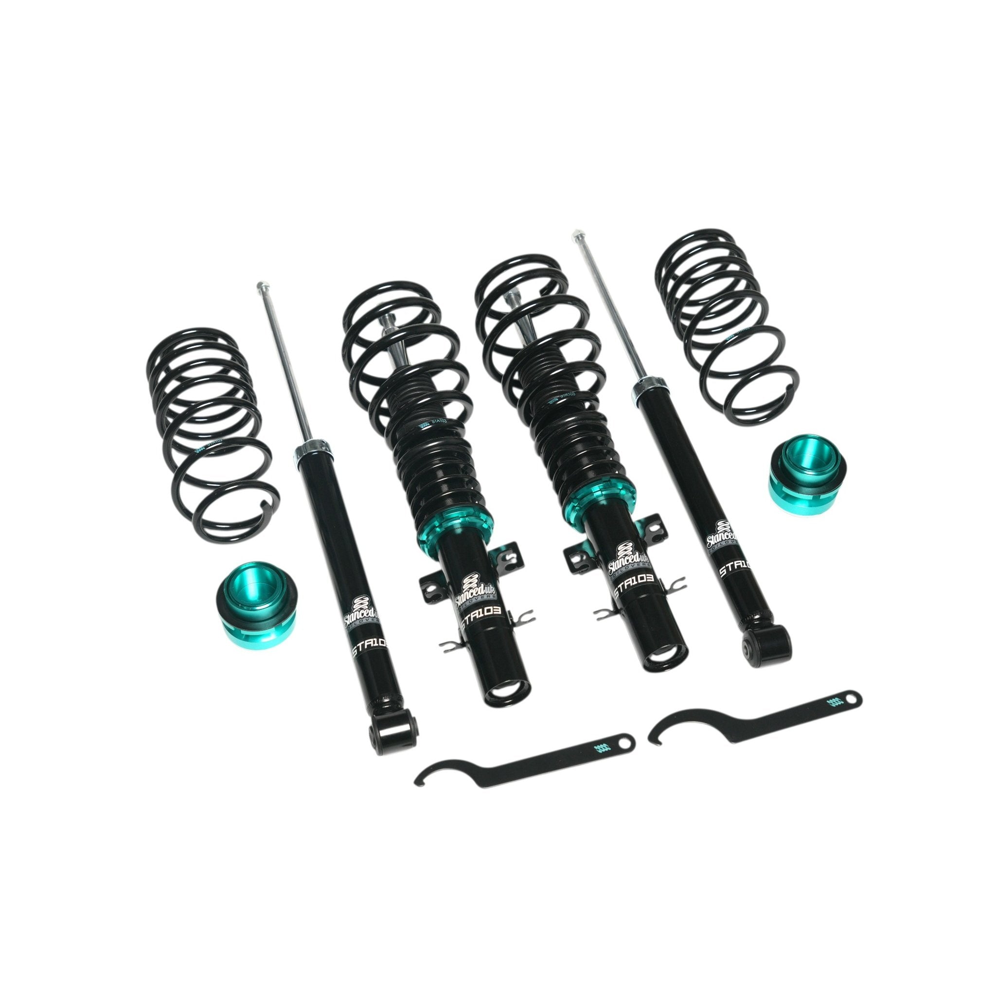 Stanced UK STA103 coilover suspension kit with front and rear components laid out