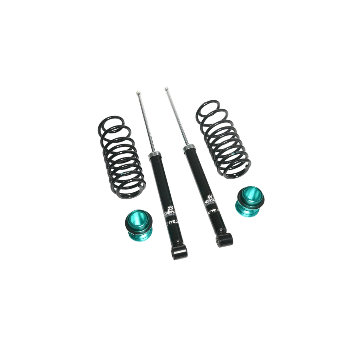 Rear shocks and springs from the Stanced UK STA104 coilover kit with CNC-machined adjuster cups