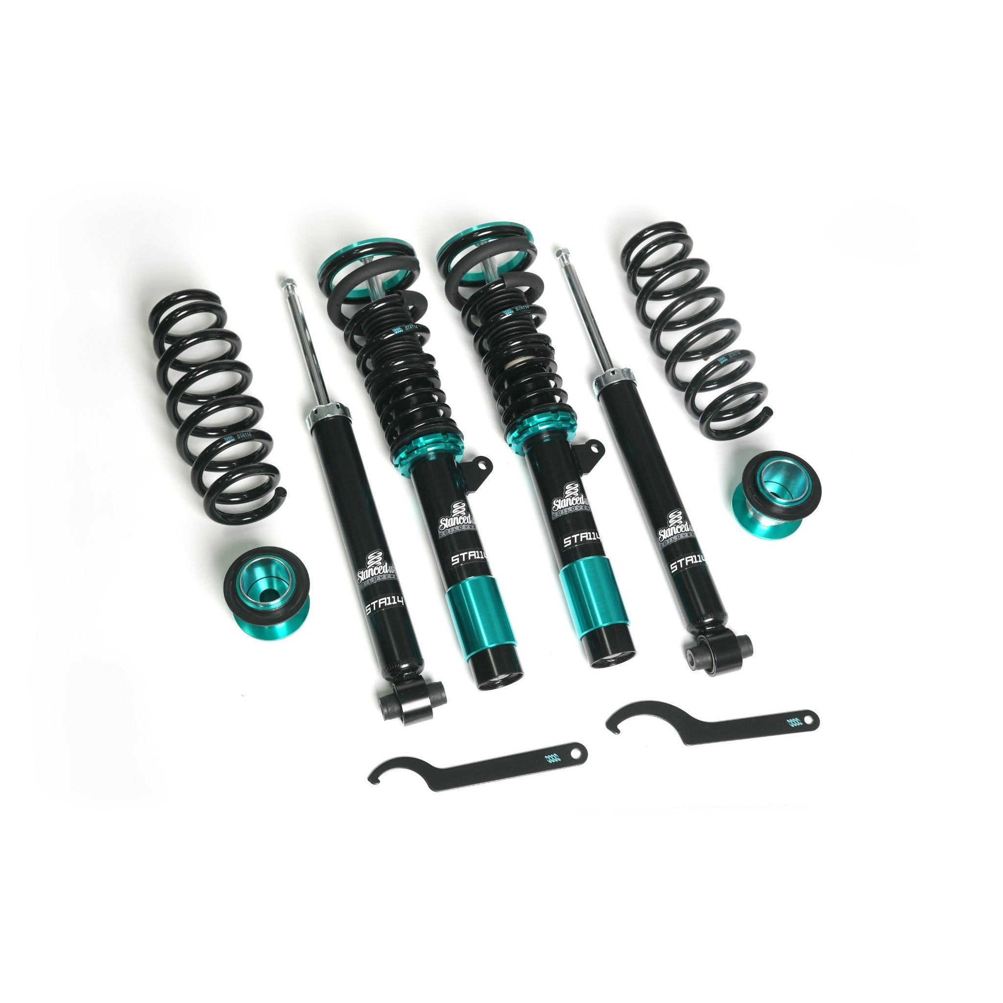 Stanced UK® STA114 coilover suspension kit including teal and black struts, springs, adjusters, and spanners on clean white background.