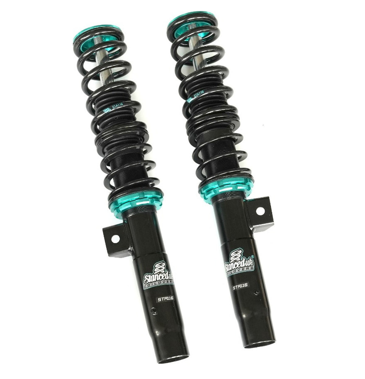 Stanced UK black shock absorbers with teal accents on a white background