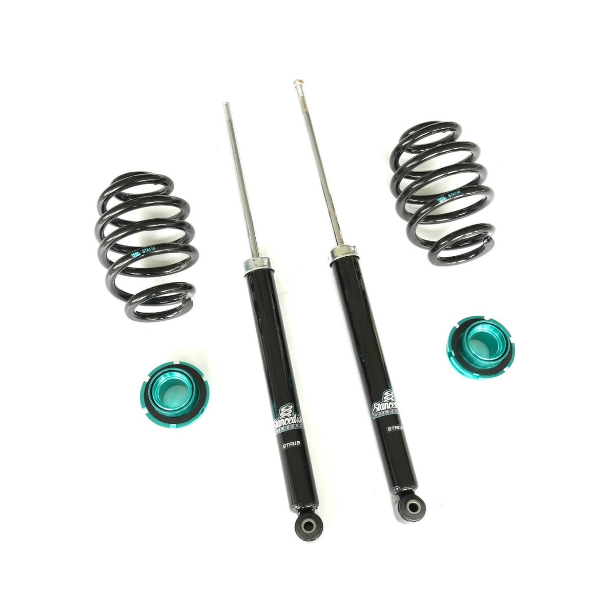 Two shock absorbers with springs and metal components on a white background
