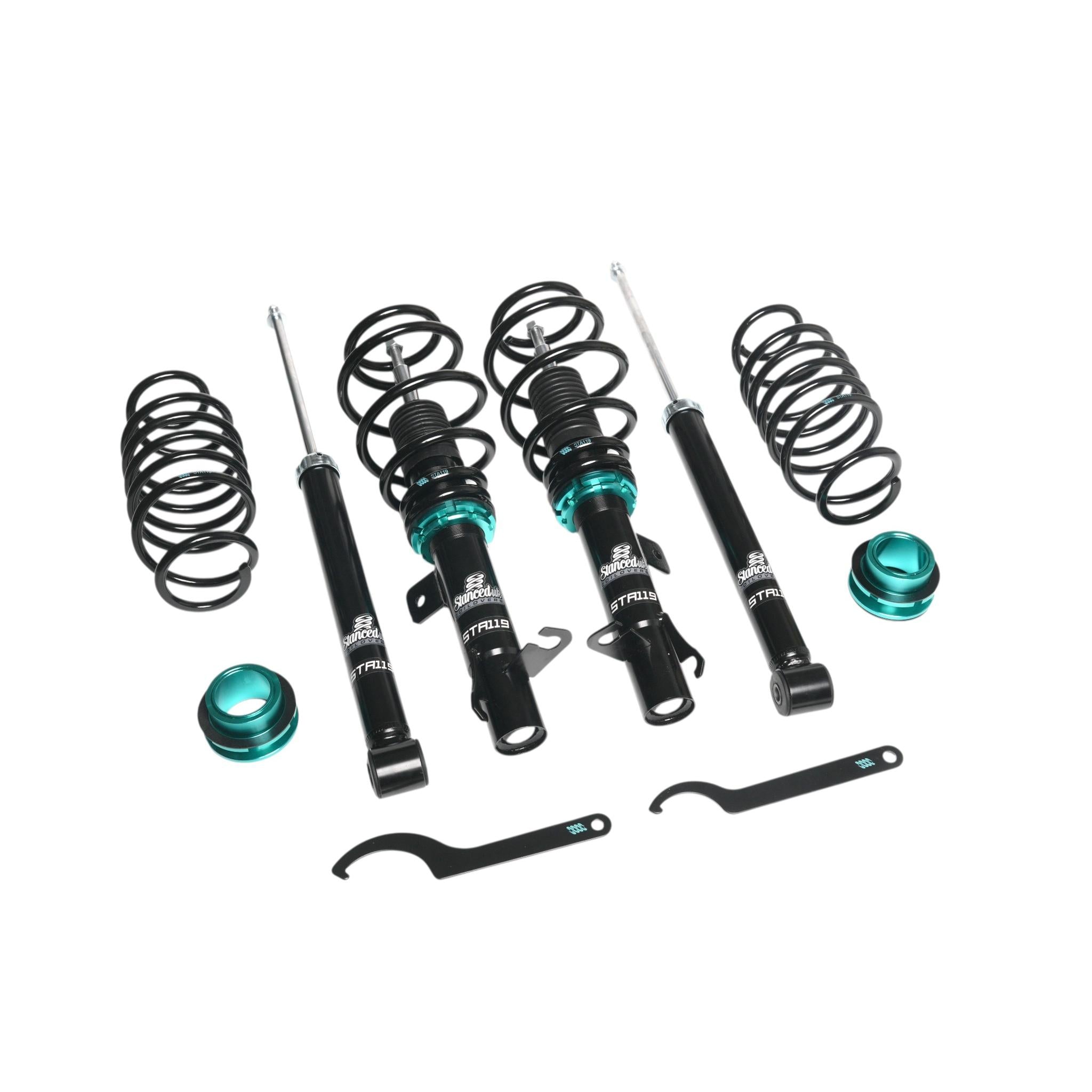 Stanced UK Coilover Suspension Kit STA119 full layout with springs, dampers, adjusters, and spanners.