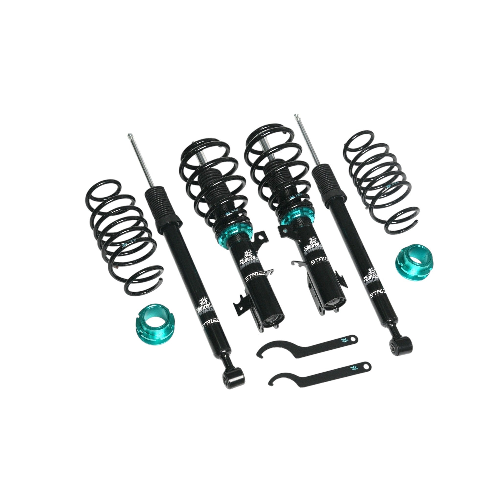 Stanced UK Coilover Kit STA120 laid flat – complete performance suspension kit