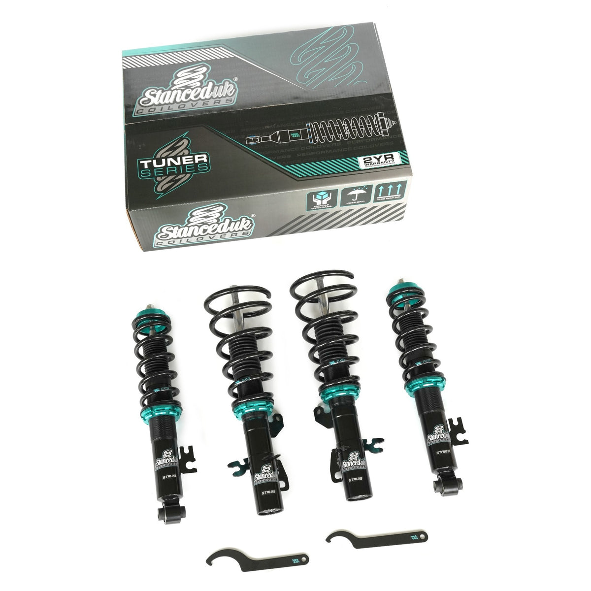 Stanced UK STA123 coilover suspension kit with box – full kit including front and rear dampers, springs, mounts, and tools