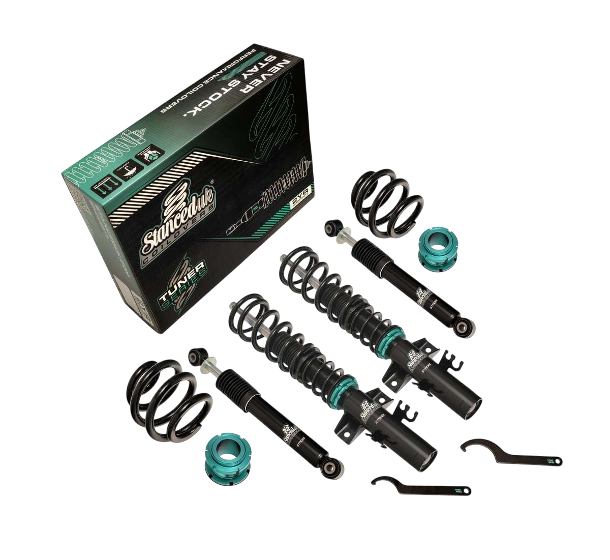 Stanced UK Tuner Series coilover kit with black springs, shock absorbers, teal height adjusters and branded packaging.