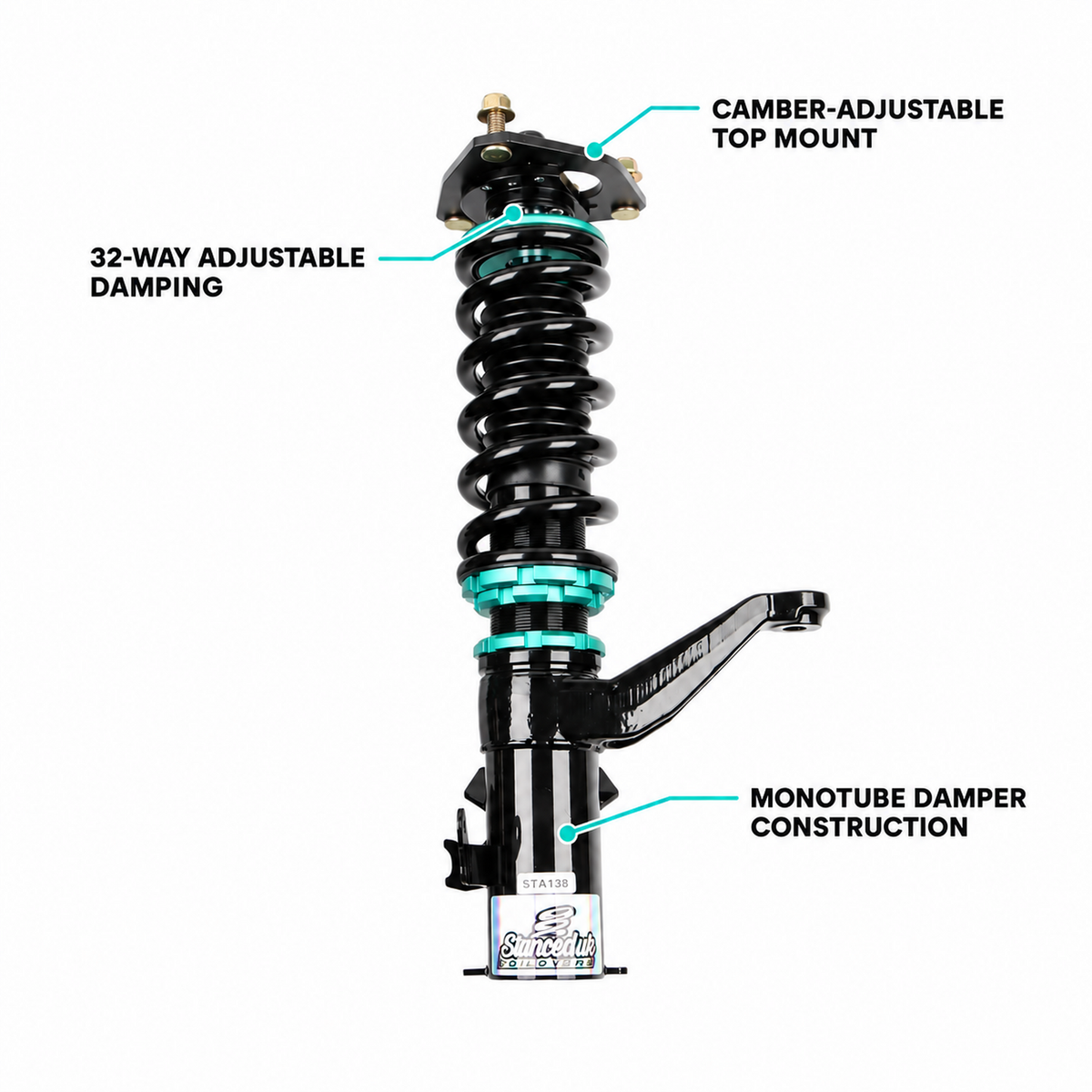 Stanced UK Honda Civic Type R EP3 monotube coilover with 32-way damping and camber-adjustable top mount