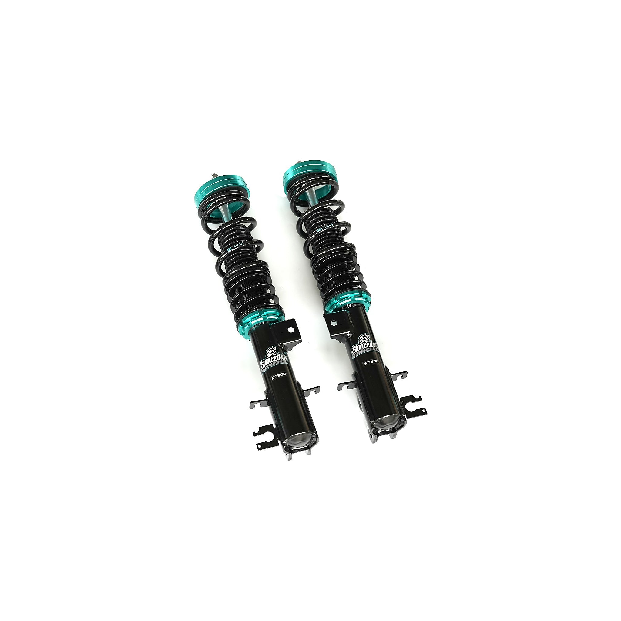 Stanced UK STA100 front coilovers with springs – black and teal finish
