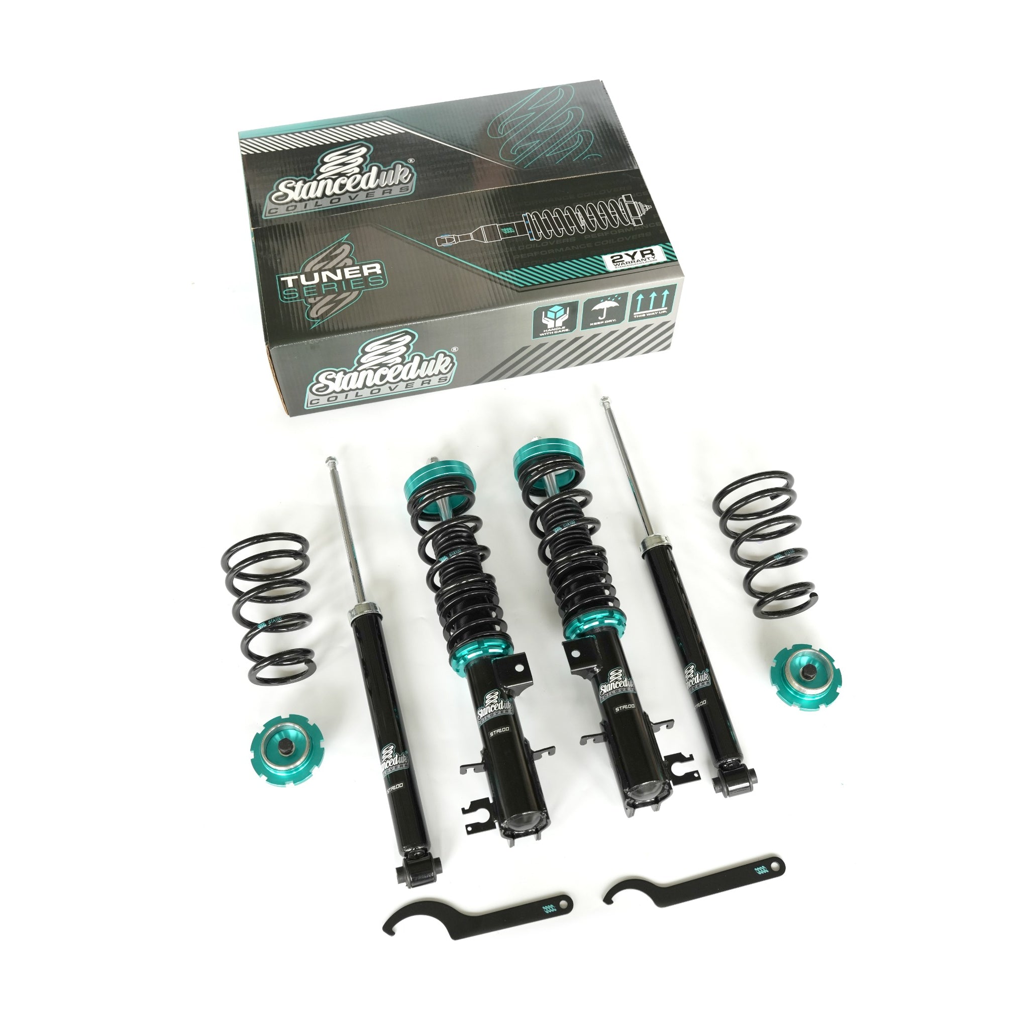 Stanced UK STA100 coilover suspension kit with box – full kit including front and rear dampers, springs, mounts, and tools
