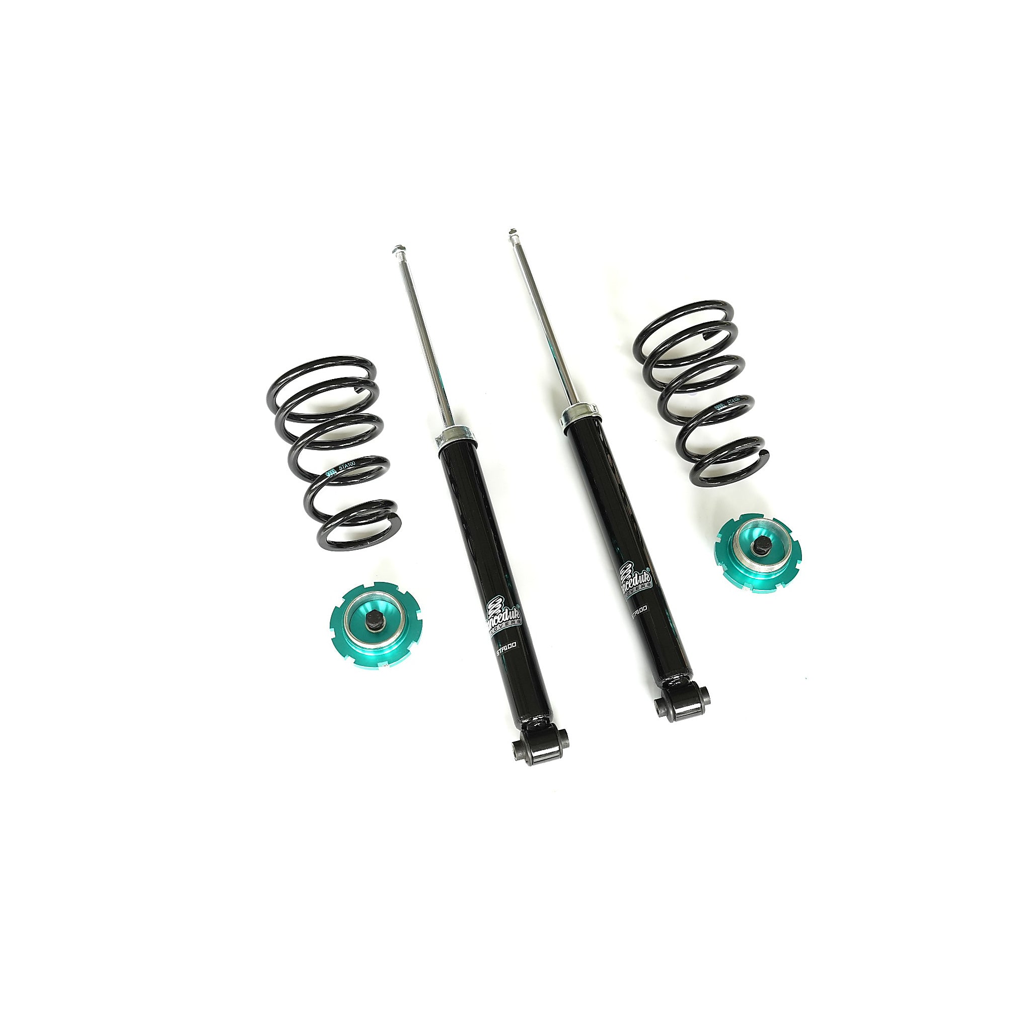 Stanced UK STA100 rear dampers and springs with adjustable mounts and tools – performance coilover setup
