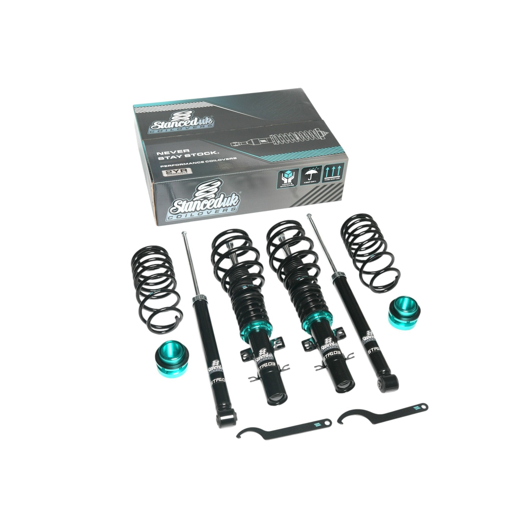 Stanced UK STA103 coilover kit complete with retail box and all included parts

