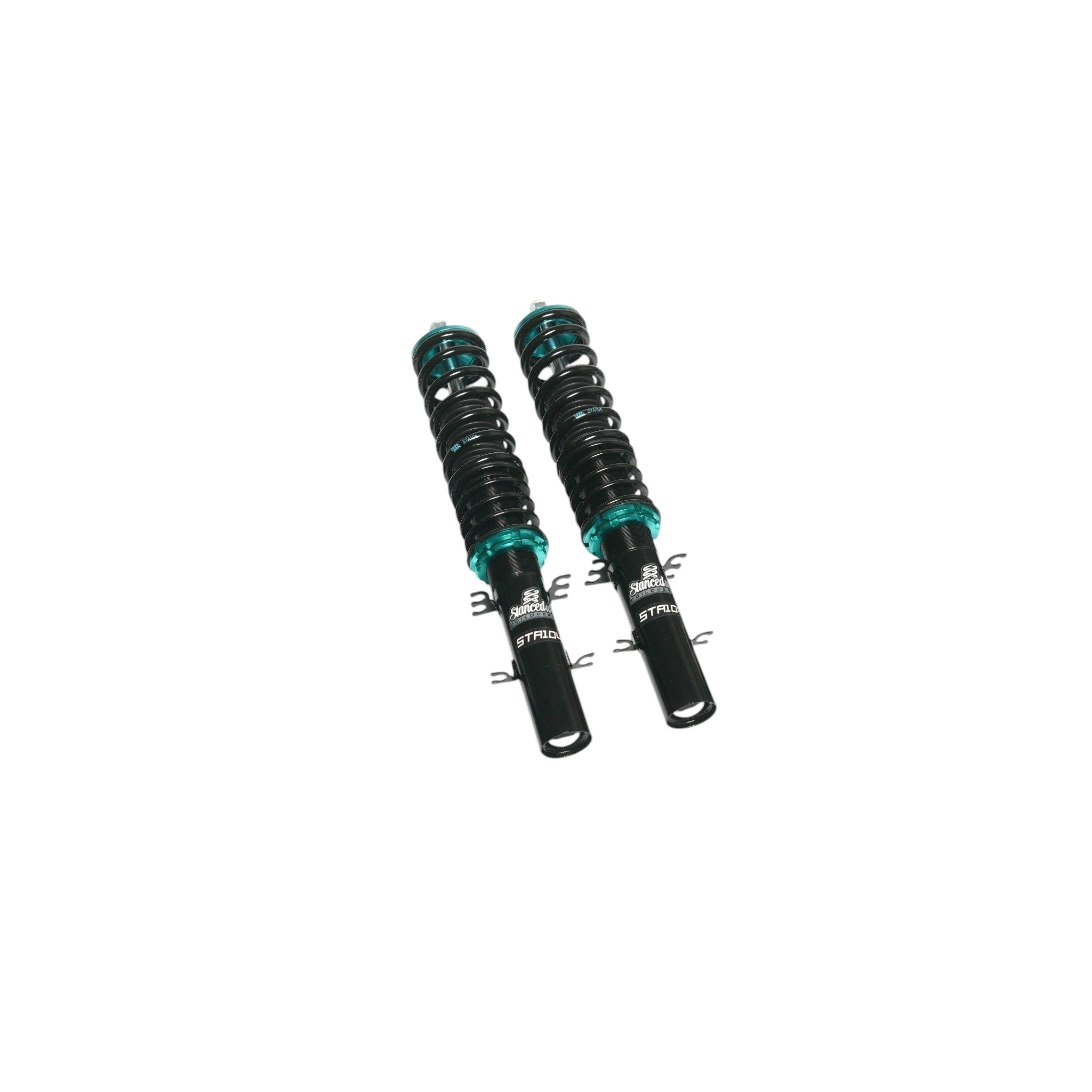 Front coilovers from the Stanced UK STA104 kit with twin-tube dampers and adjustable seats