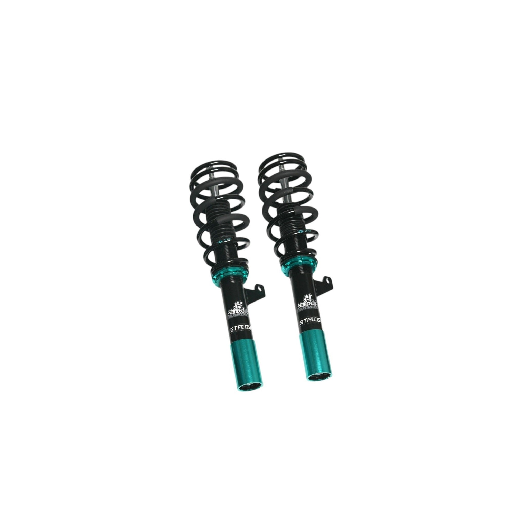 Stanced UK STA109 front coilovers with springs and C-spanner tools – black and teal finish

