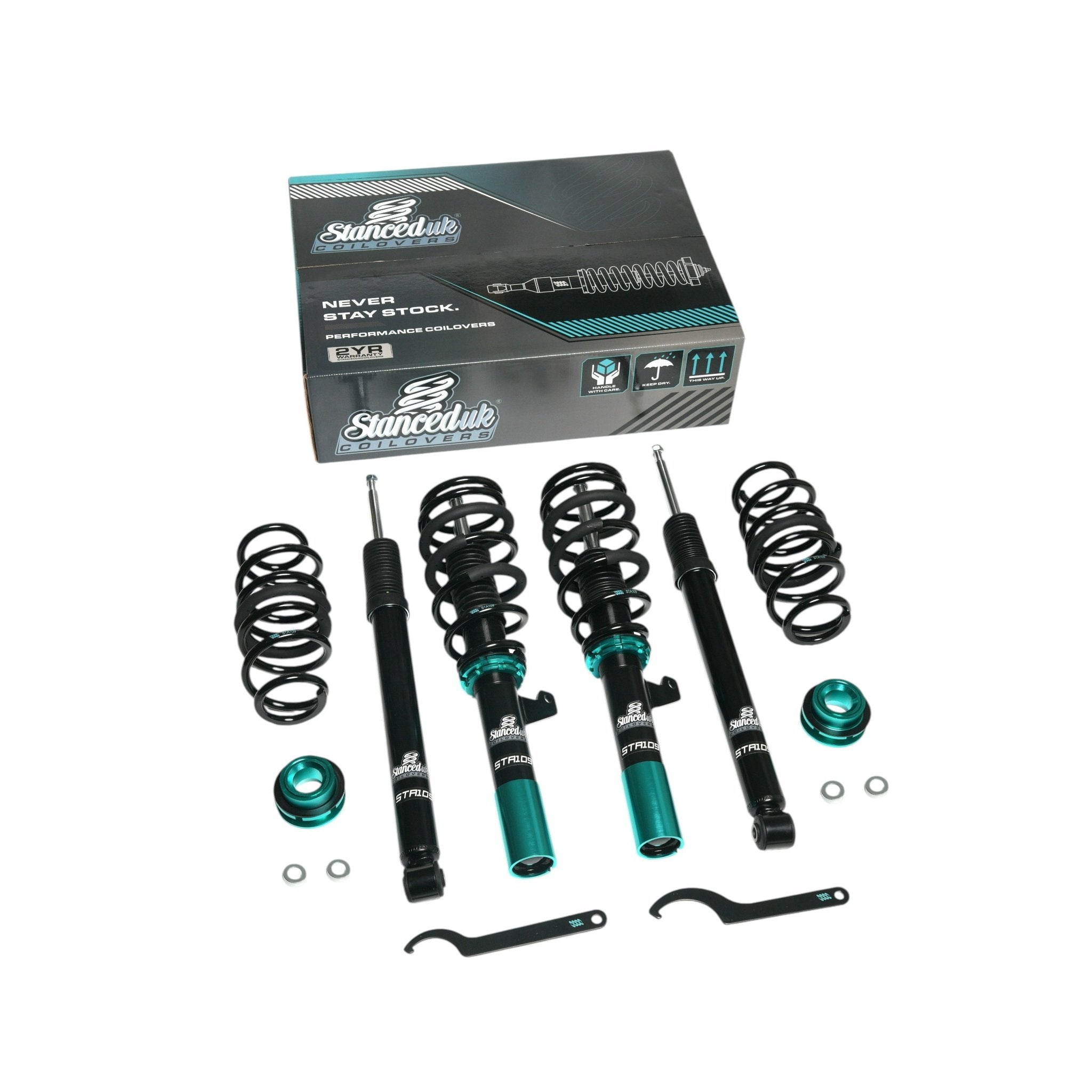 Stanced UK STA109 coilover suspension kit with box – full kit including front and rear dampers, springs, mounts, and tools

