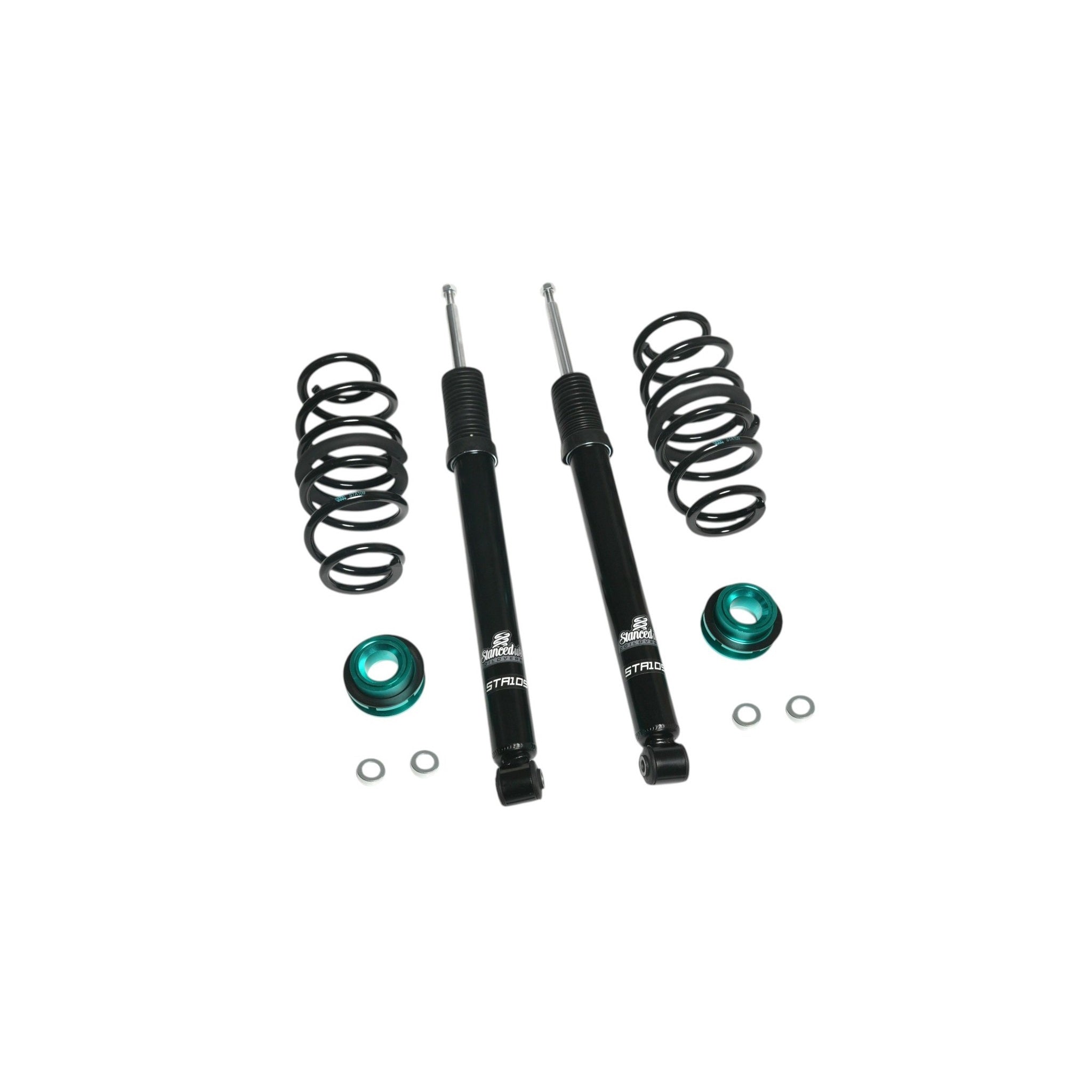 Stanced UK STA109 rear dampers and springs with adjustable mounts and tools – performance coilover setup

