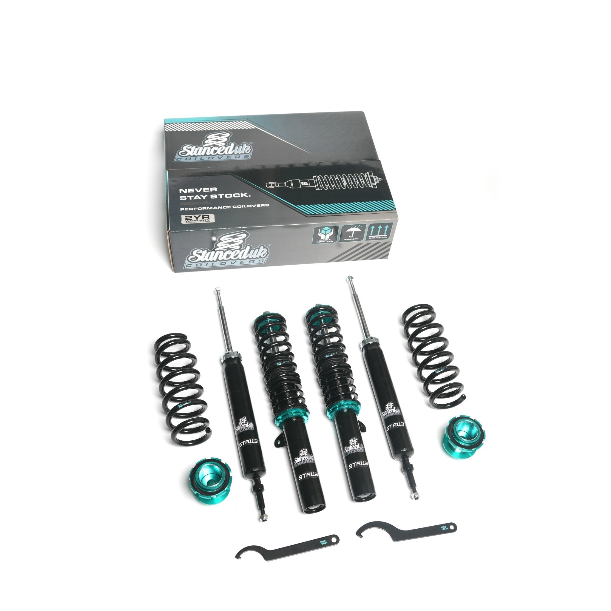 Stanced UK coilover kit STA113 with box – full suspension kit including retail packaging and tools

