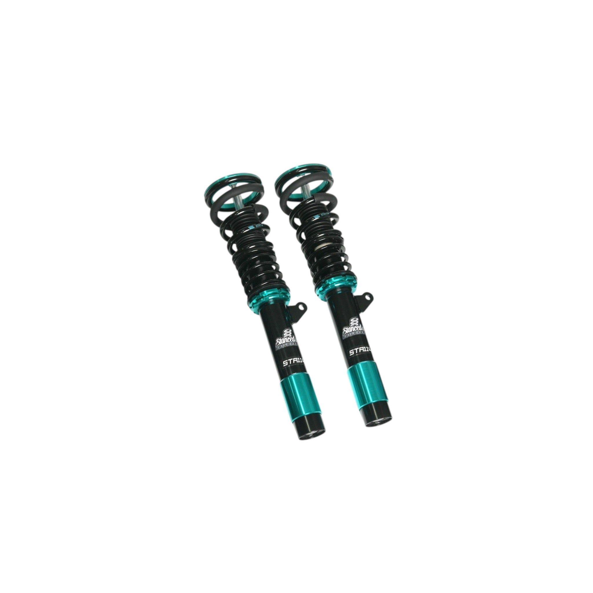 Pair of front Stanced UK® STA114 coilovers with teal adjusters and black springs isolated on white background.

