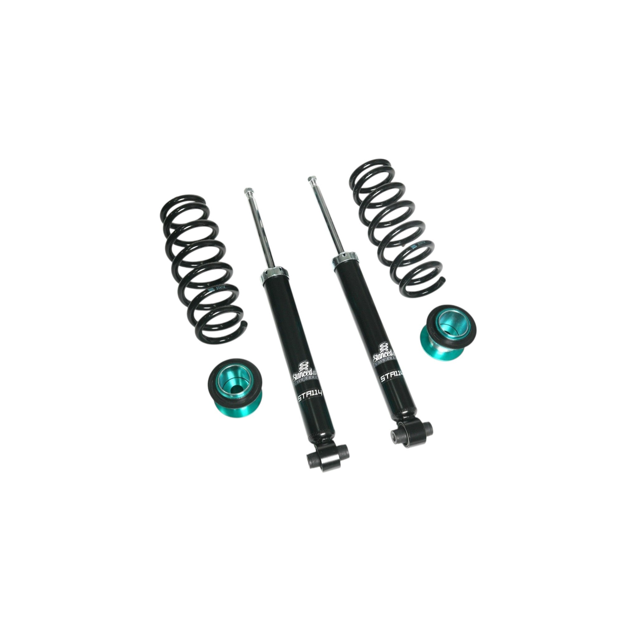 Rear components of Stanced UK® STA114 coilover kit featuring black springs, teal adjusters, and shocks on white background.