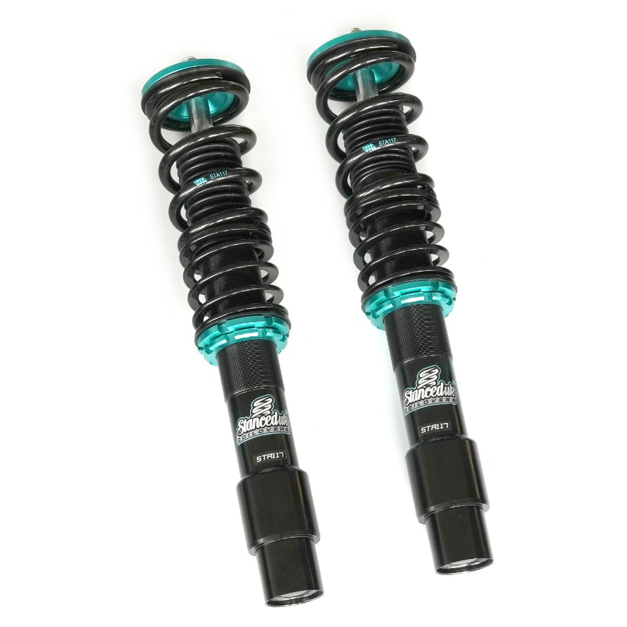 Stanced UK black shock absorbers with teal accents on a white background