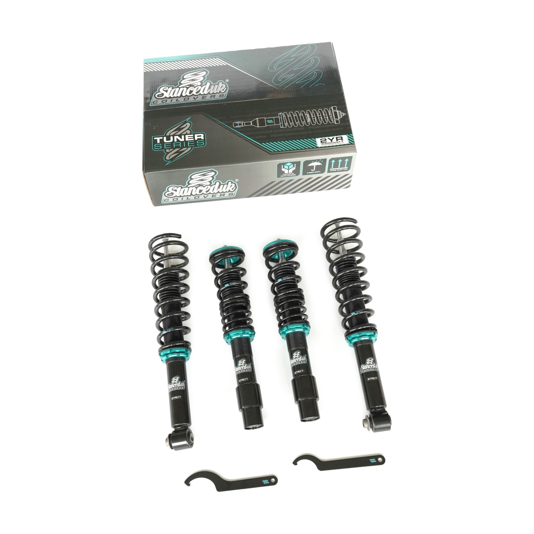Stanced UK suspension kit with springs and shocks on a white background and branded box