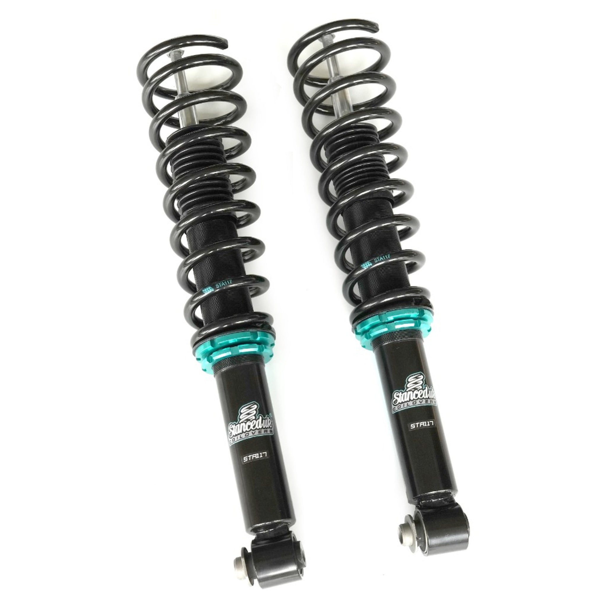 Stanced UK black shock absorbers with teal accents on a white background