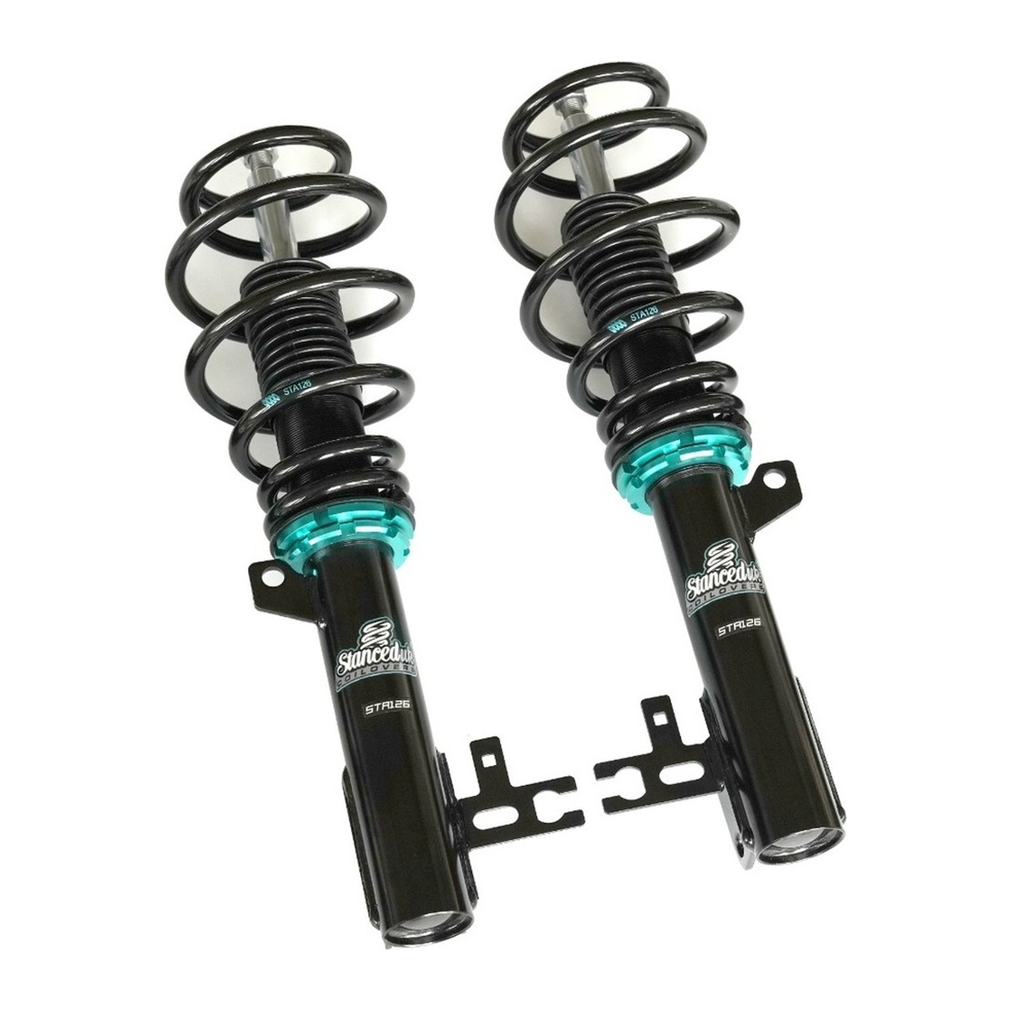 Stanced UK STA126 front coilovers with springs – black and teal finish
