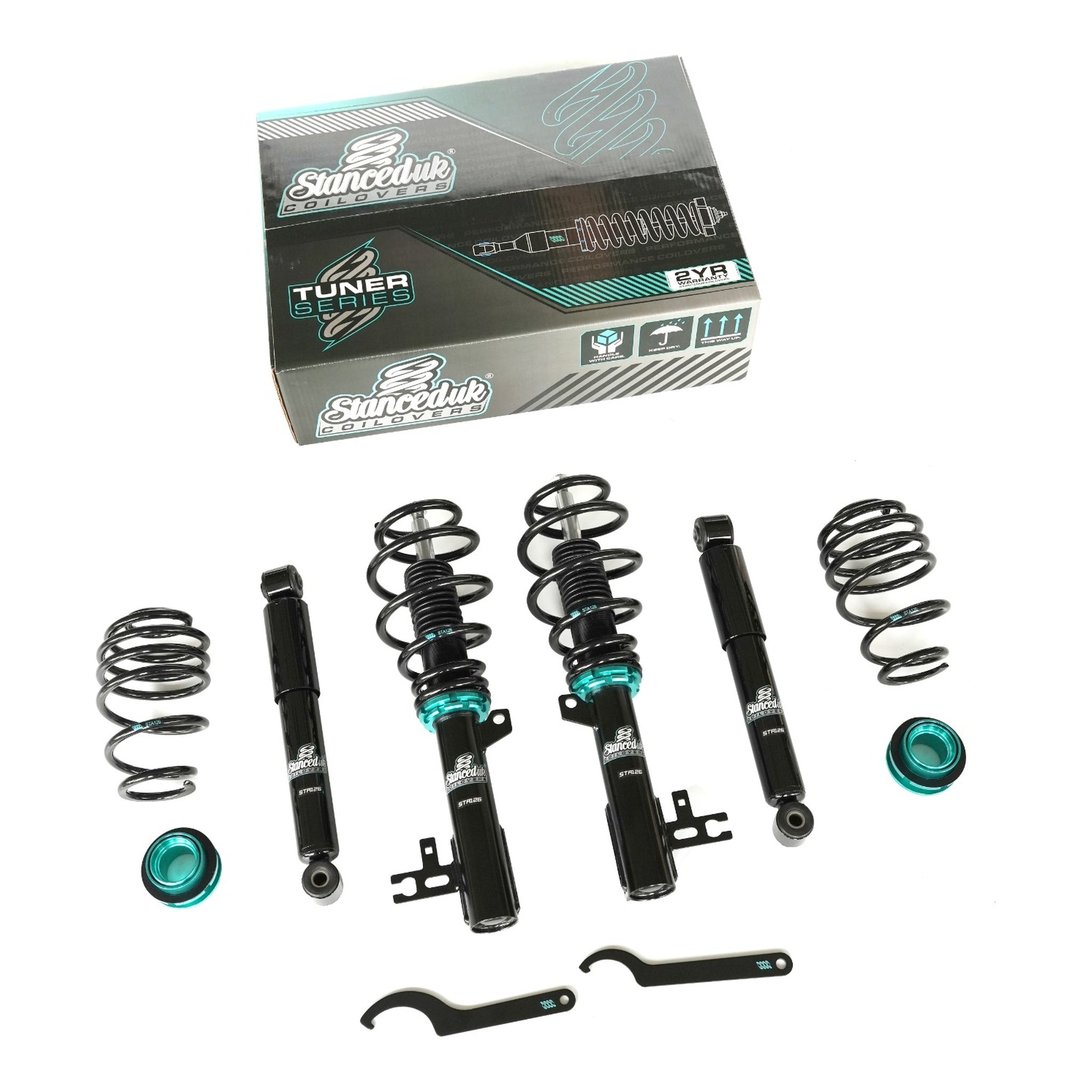 Stanced UK STA126 coilover suspension kit with box – full kit including front and rear dampers, springs, mounts, and tools