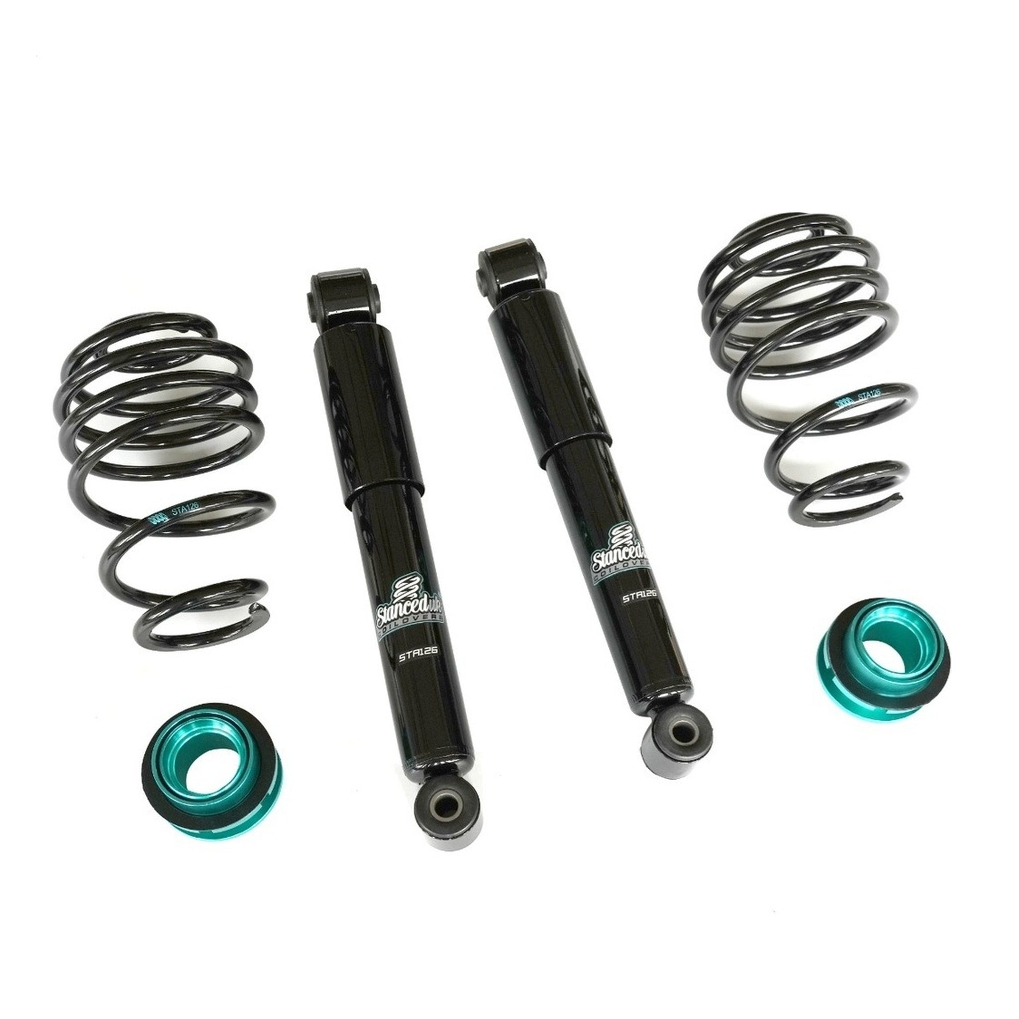 Stanced UK STA126 rear dampers and springs with adjustable mounts and tools – performance coilover setup
