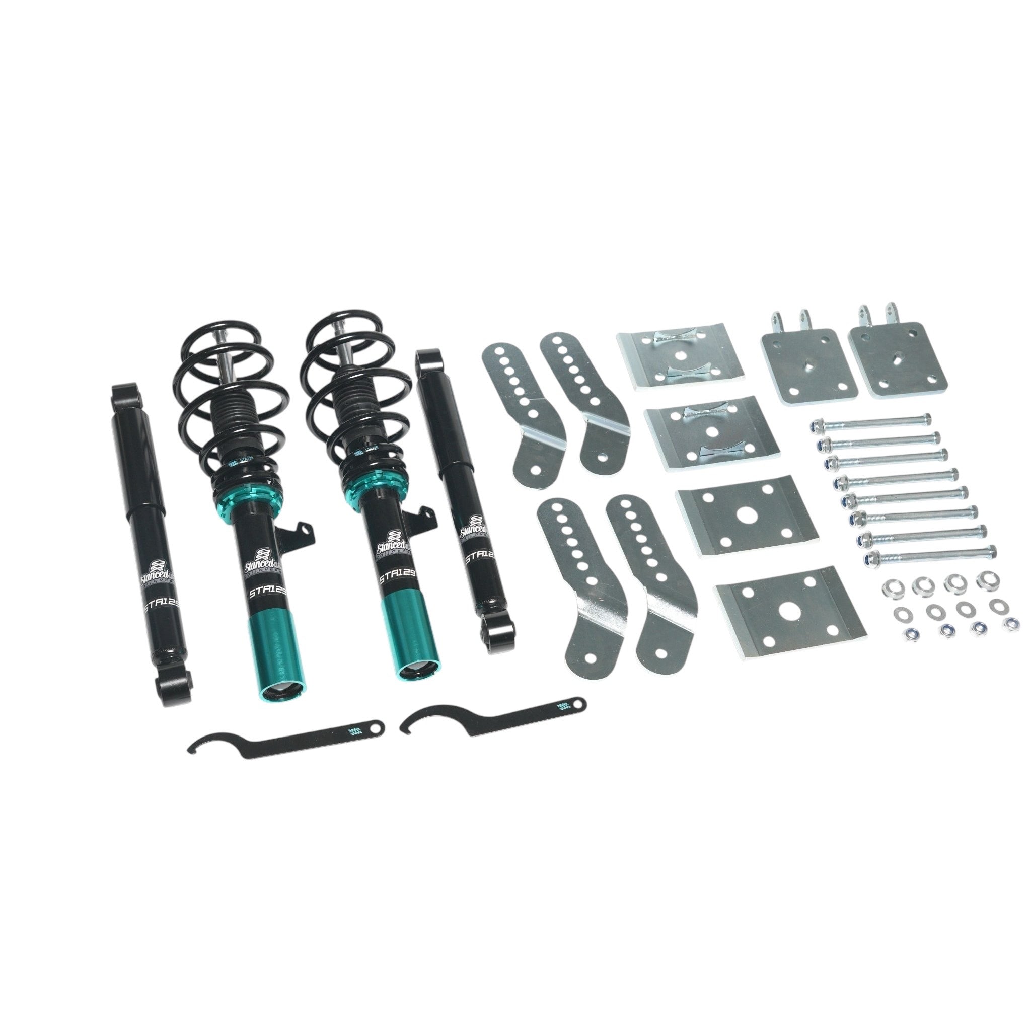 Stanced UK STA129 coilover suspension kit for VW Caddy 2K Mk3 and Mk4 – includes front struts, rear dampers, springs, and fitting accessories on white background