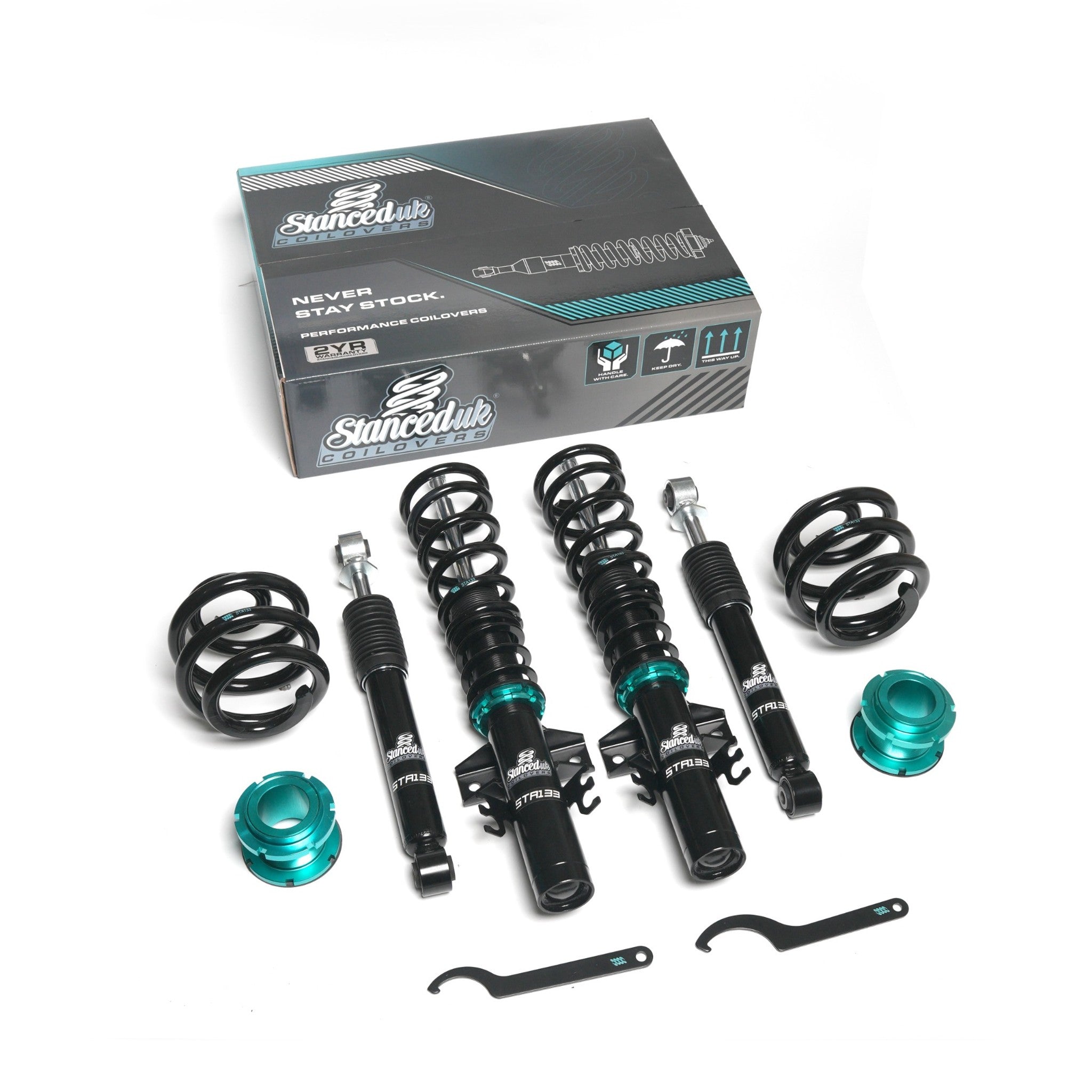 Stanced UK STA133 coilover kit with retail box – performance suspension for VW Transporter T5 T6 T26 T28 T30

