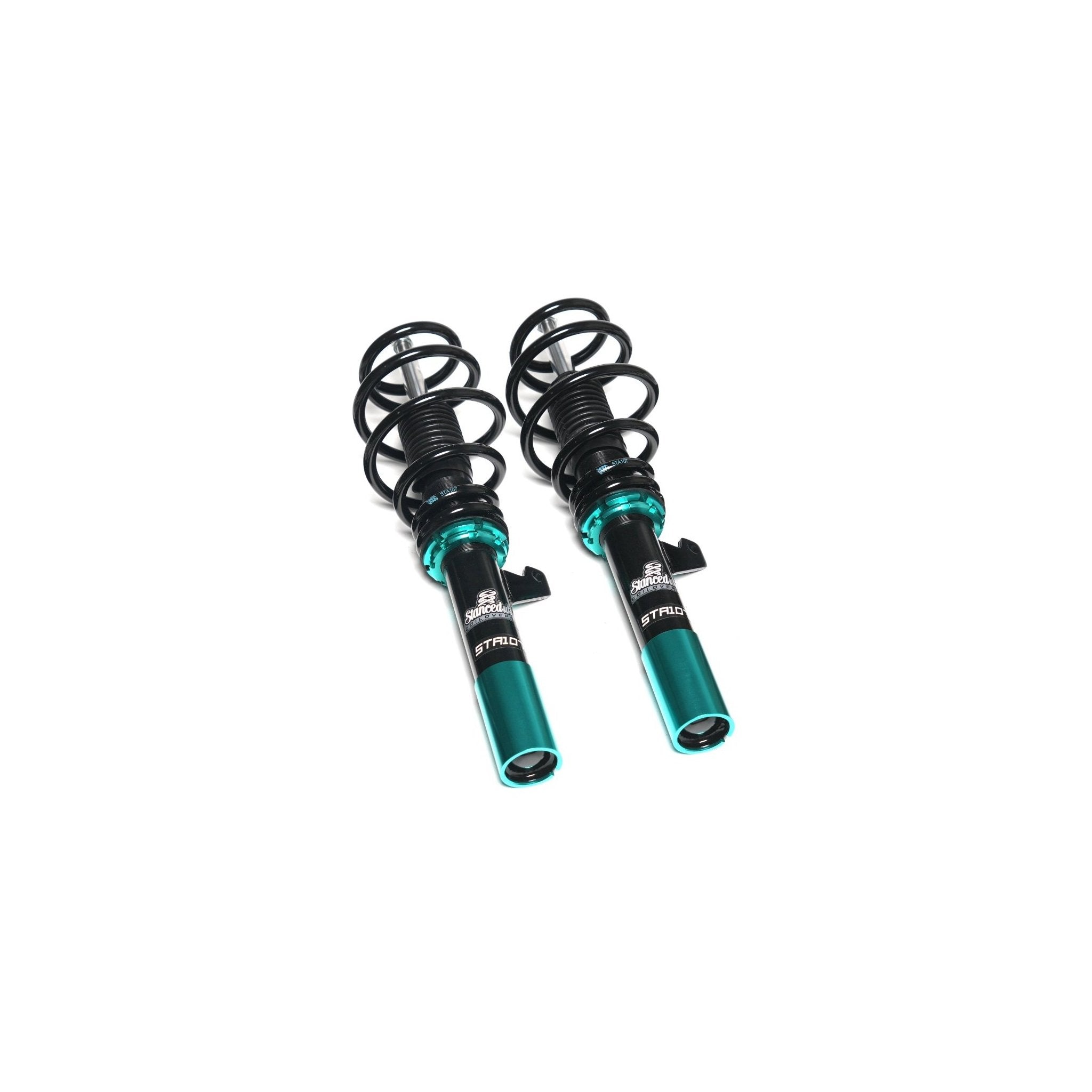 Stanced UK STA106 front coilover units with springs and height-adjustable collars

