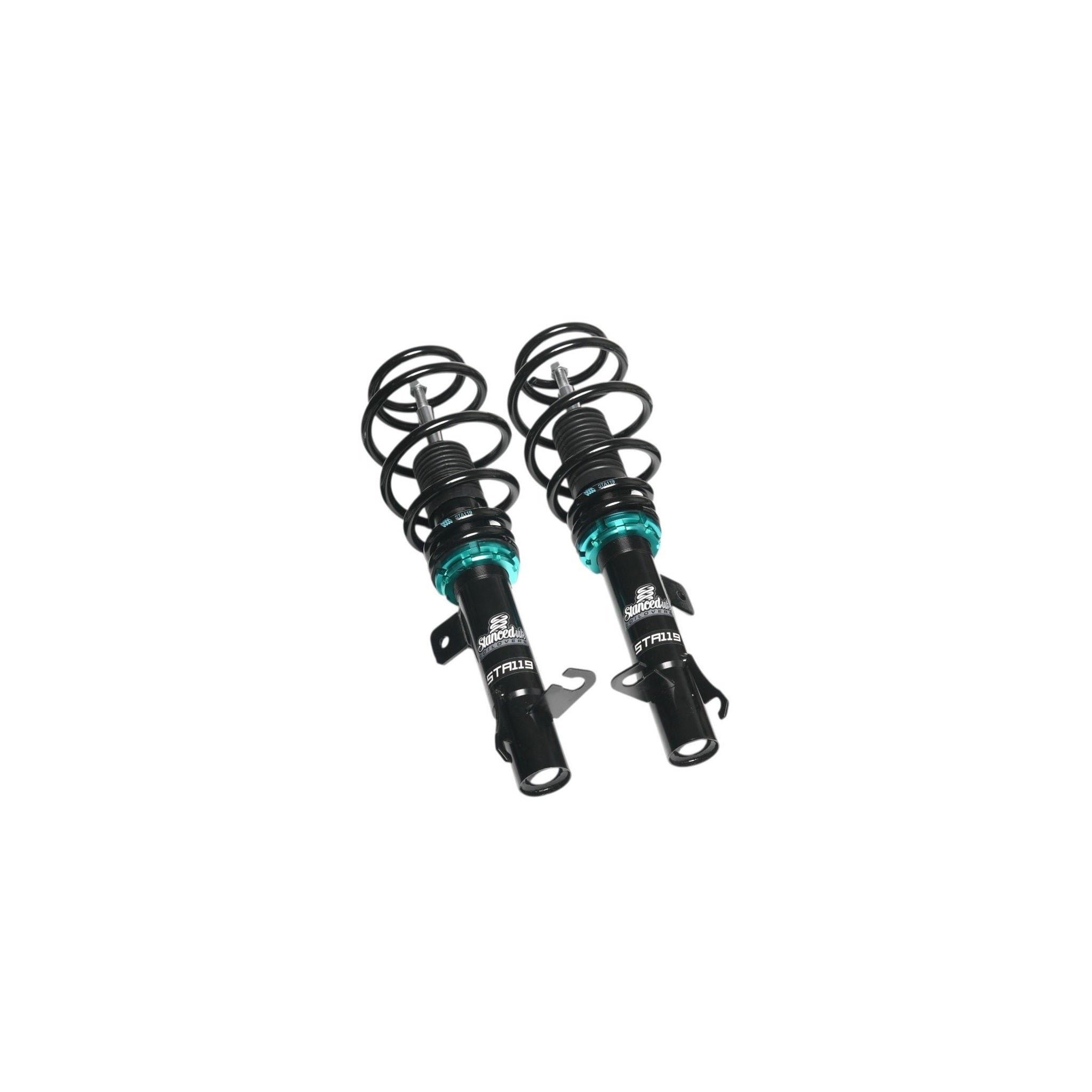 Front coilovers from the Stanced UK STA119 suspension kit – adjustable height with teal locking collars

