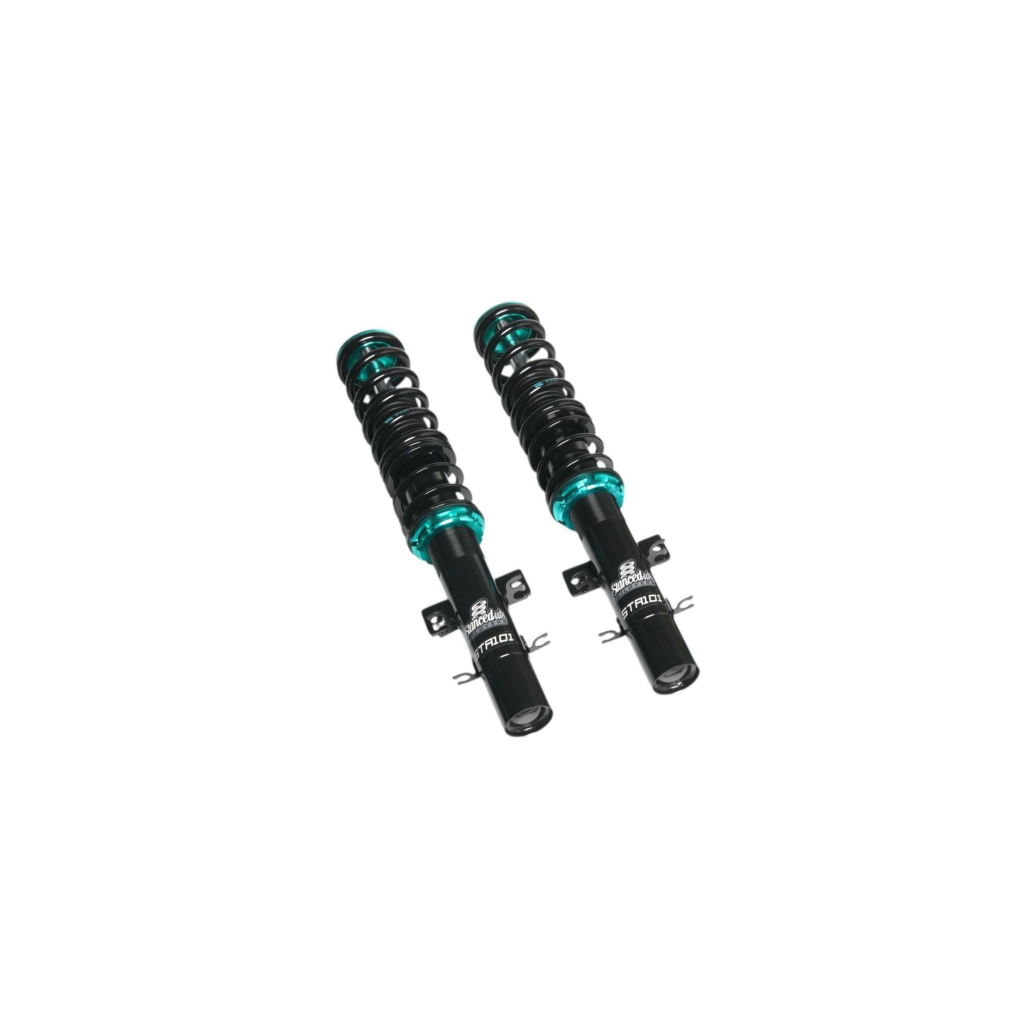📸 Stanced UK STA101 front coilover struts – twin pre-assembled struts with black springs and teal collars

