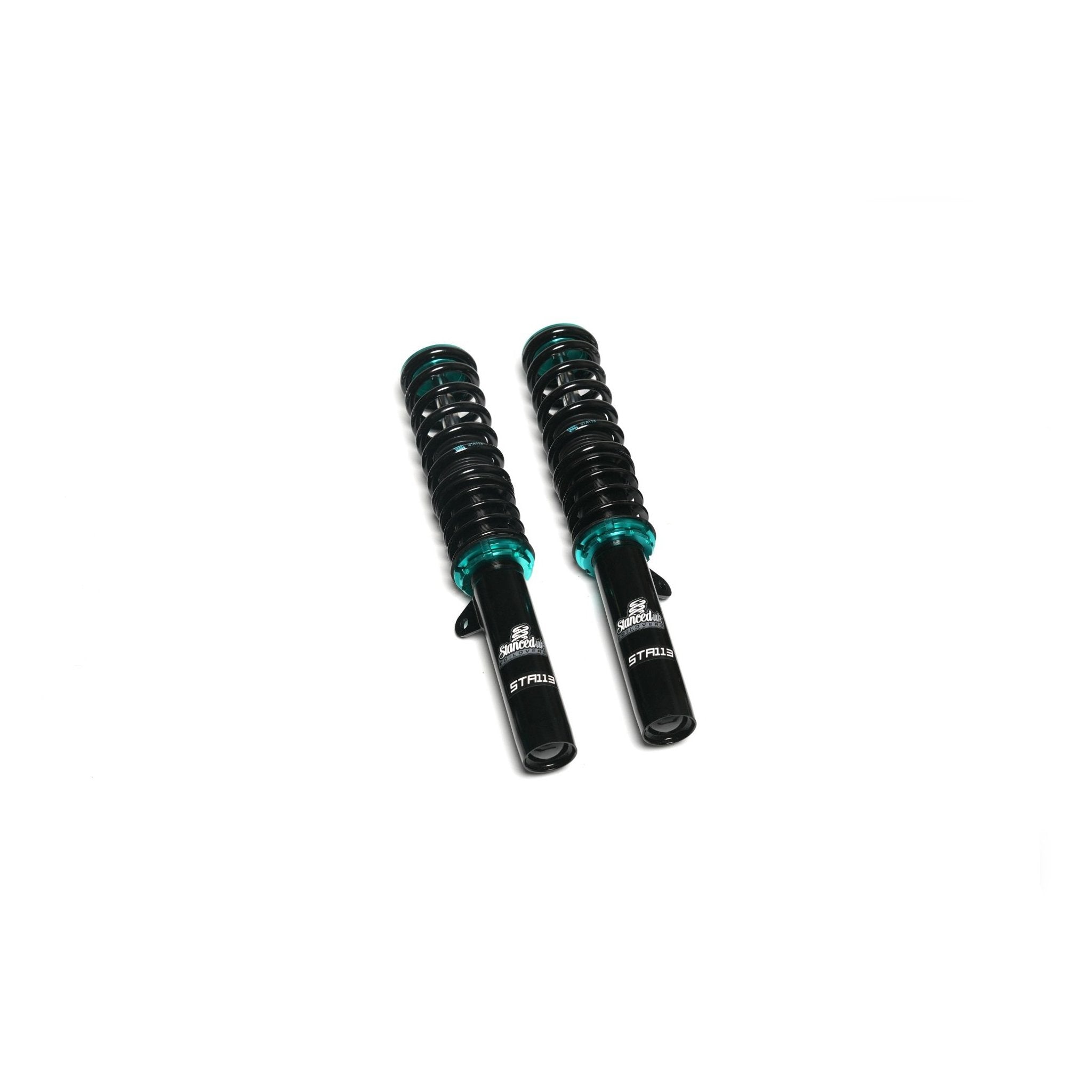 Stanced UK STA113 front coilover struts – pre-assembled dampers with progressive springs and teal collars

