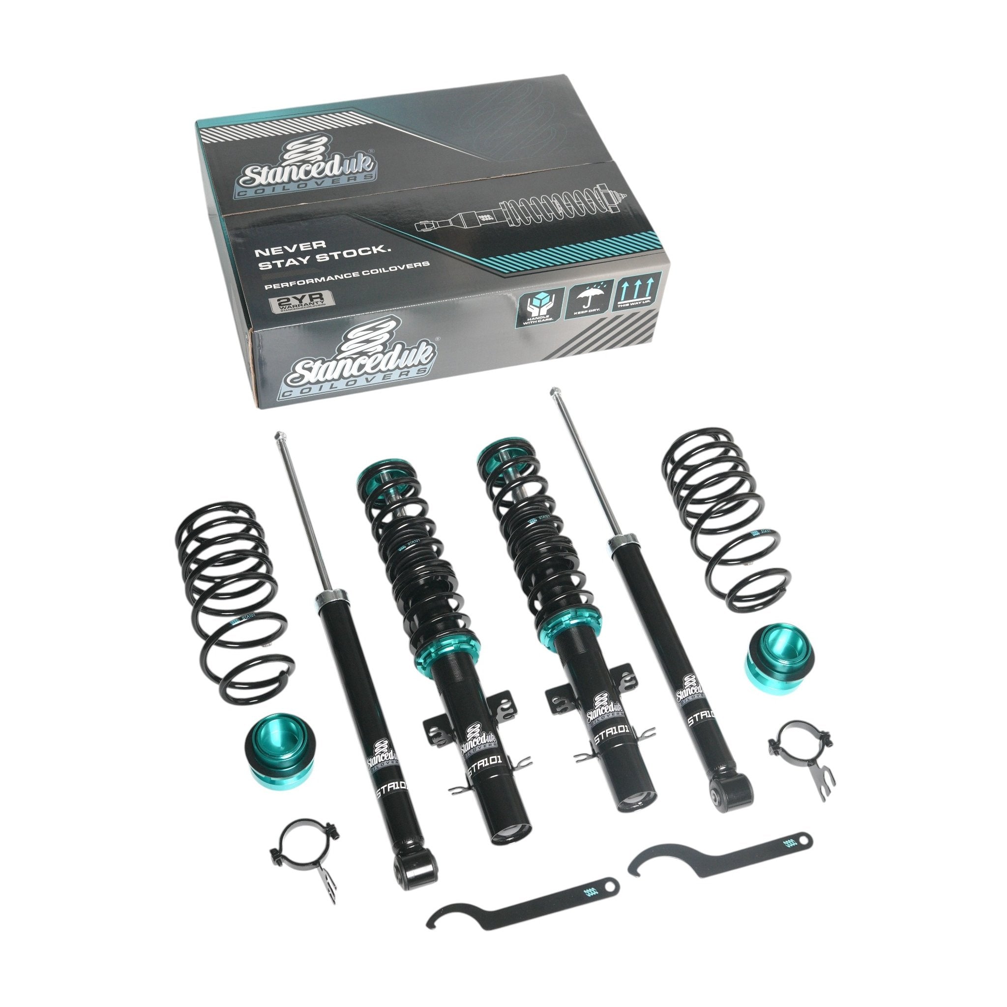 Stanced UK coilover kit STA101 with retail box – full suspension kit with front and rear components