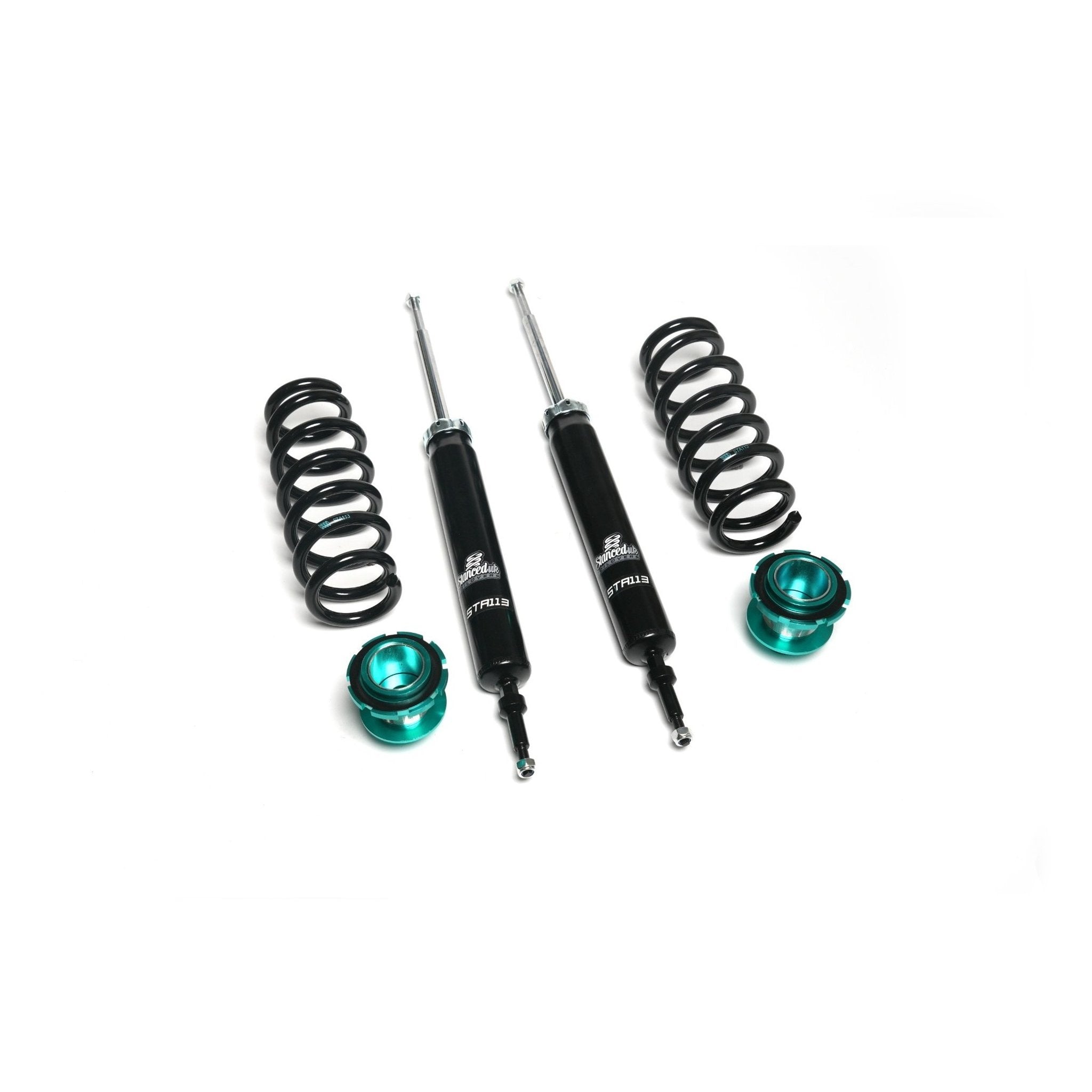 Stanced UK STA113 rear suspension setup – twin shocks, lowering springs, adjuster platforms, and brackets


