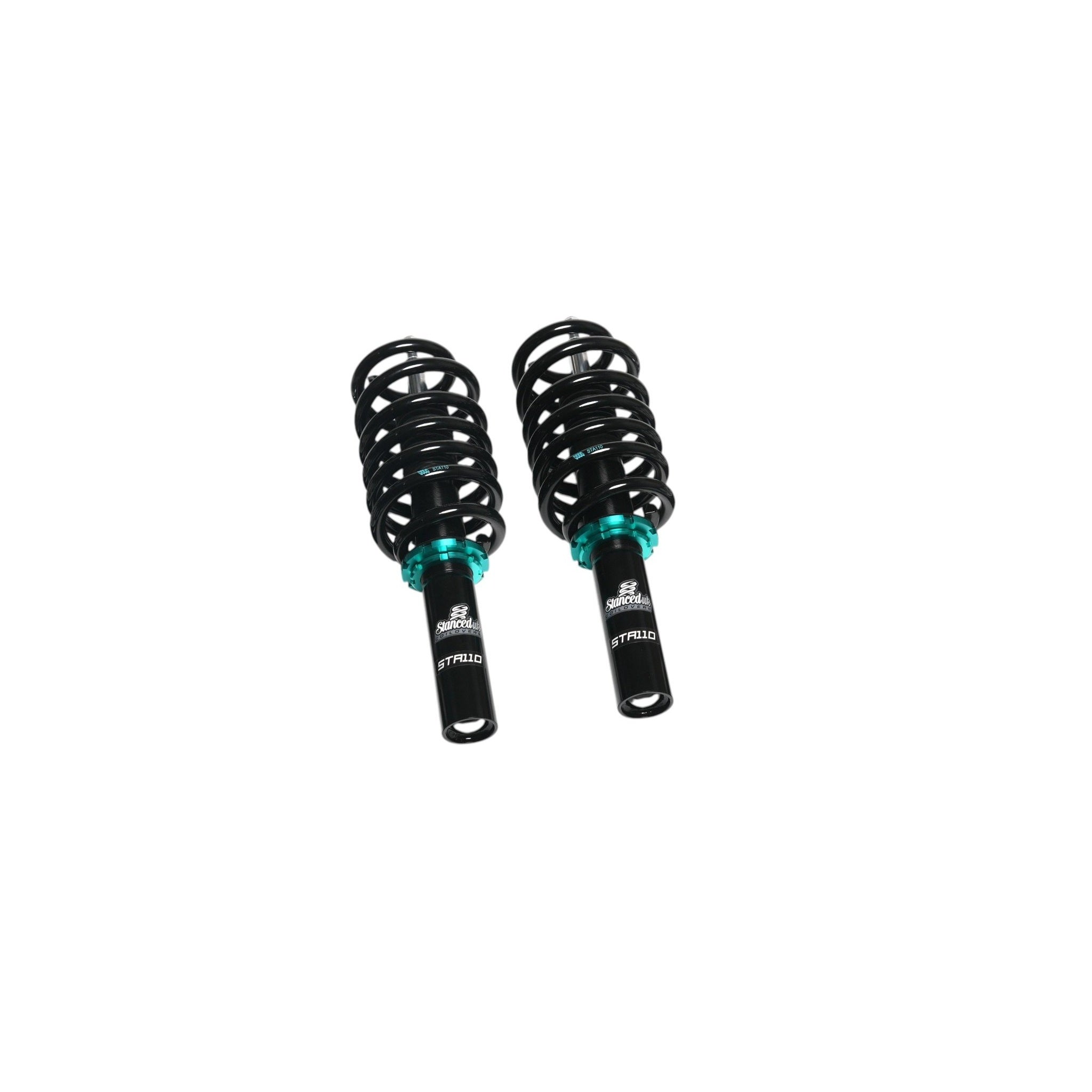 Stanced UK STA110 coilover front suspension setup – twin struts with springs and adjusters

