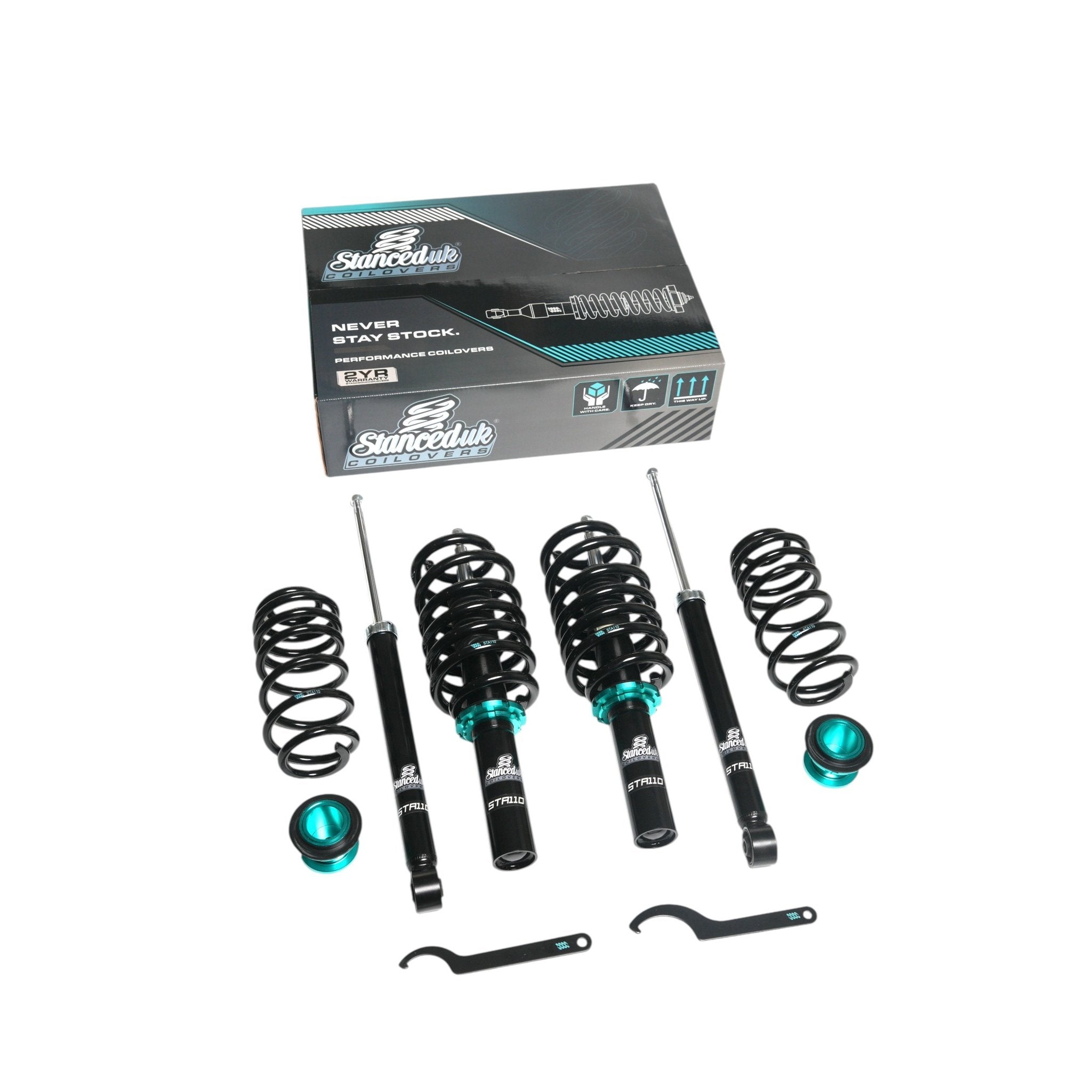Full Stanced UK STA110 coilover suspension kit with retail packaging – includes struts, springs, dampers and tools