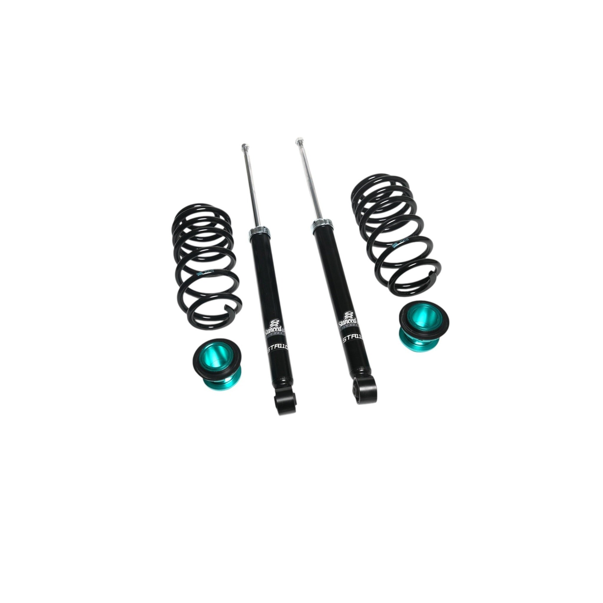 Stanced UK STA110 coilover rear suspension setup – dampers, springs, height adjusters and tools


